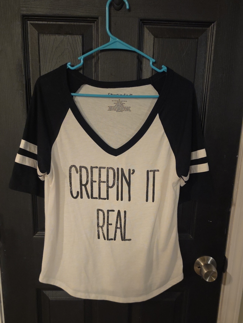 Stranded Black & White 'Creepin' It Real' V-Neck Raglan Tee